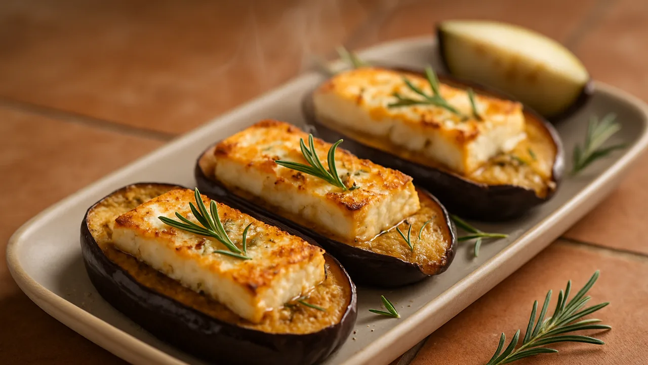 Rosmarin-Feta mit Aubergine aus dem Airfryer mit Aubergine und Feta, auf Terracotta-Fliesen angerichtet.