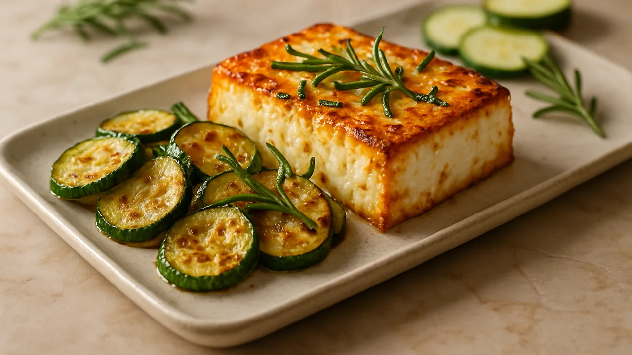 Rosmarin-Feta mit Zucchini aus dem Airfryer mit Feta und Zucchini, auf beigem Marmor angerichtet.