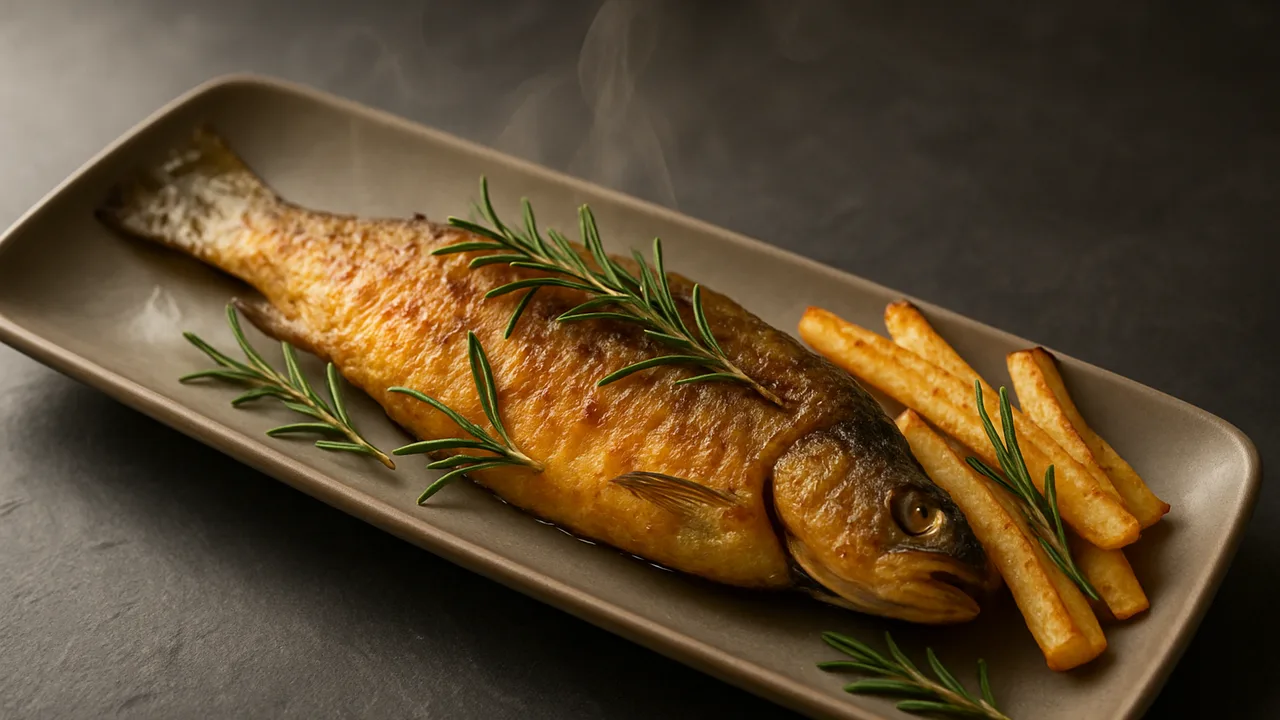 Rosmarin-Forelle mit Pastinake aus dem Airfryer mit Forelle, küchenfertig und Pastinake, auf dunklem Schiefer angerichtet.