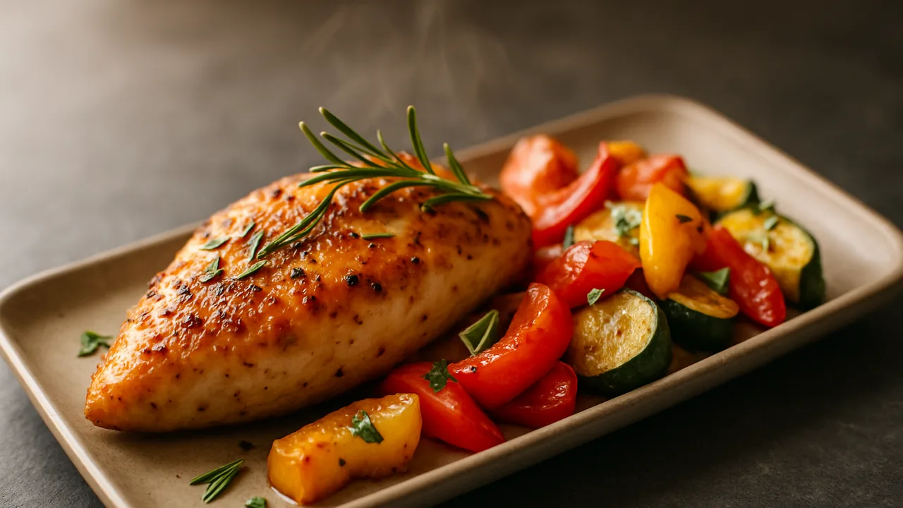 Rosmarin-Hähnchenbrust-Paprika-Schale aus dem Airfryer mit Hähnchenbrust und Paprika, auf dunklem Schiefer angerichtet.