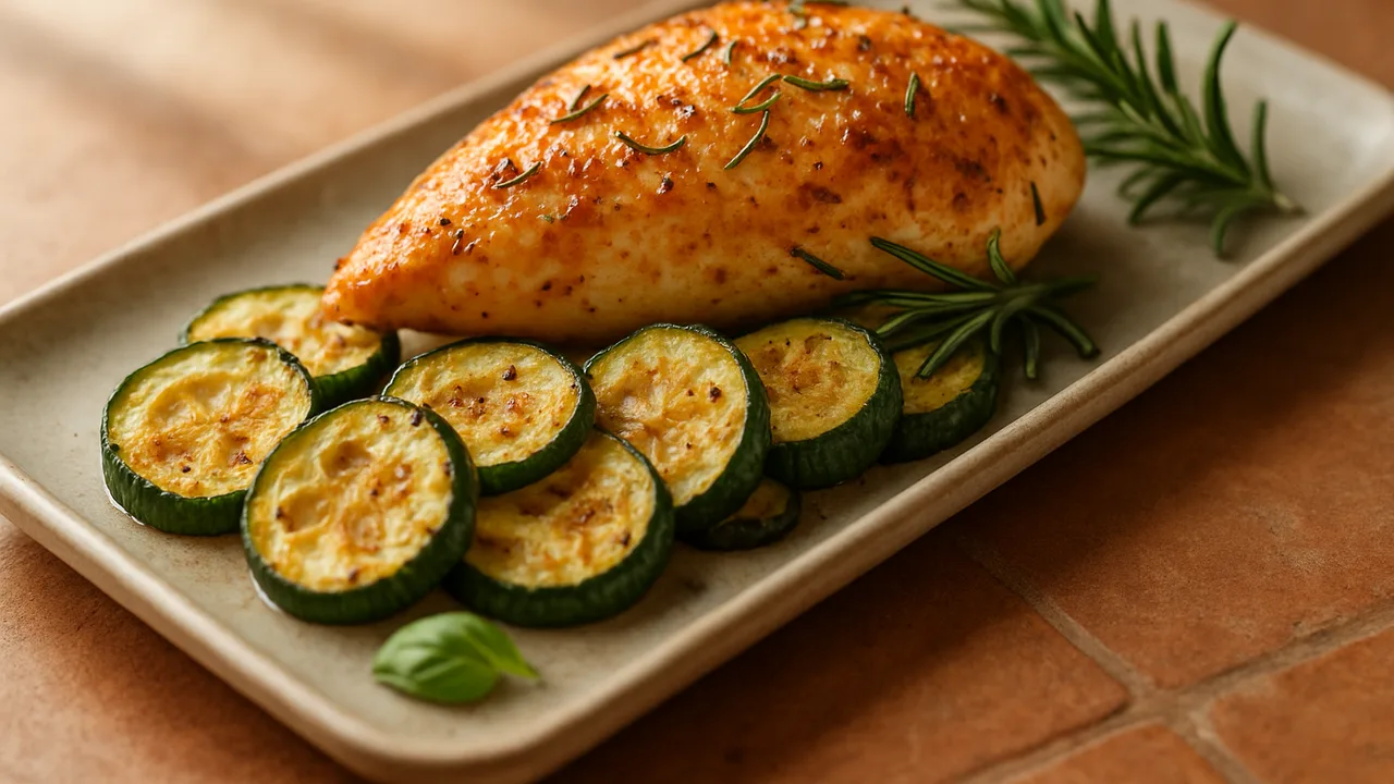 Rosmarin-Hähnchenbrust-Zucchini-Schale aus dem Airfryer mit Hähnchenbrust und Zucchini, auf Terracotta-Fliesen angerichtet.