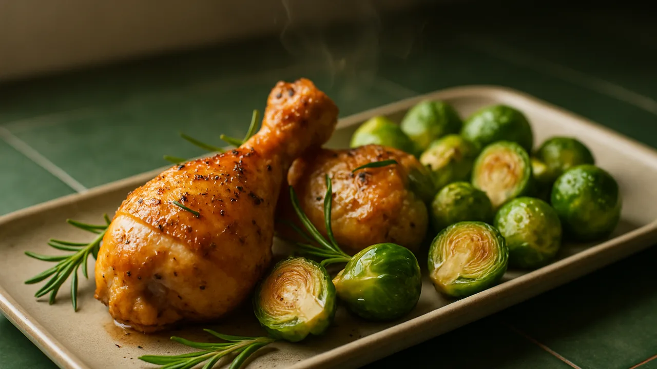 Rosmarin-Hähnchenschenkel mit Rosenkohl aus dem Airfryer mit Hähnchenschenkel und Rosenkohl, auf dunkelgrünen Fliesen …
