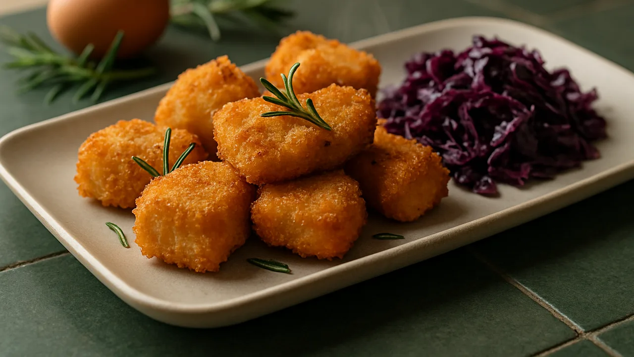 Rosmarin-Kabeljau Nuggets mit Rotkohl aus dem Airfryer mit Kabeljaufilet und Ei, auf dunkelgrünen Fliesen angerichtet.