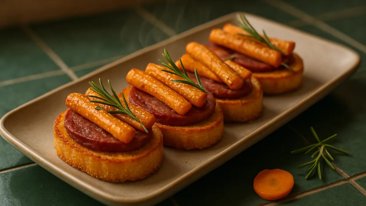 Rosmarin-Karotte-Salami-Röstchen aus dem Airfryer mit Karotten und Salami, auf dunkelgrünen Fliesen angerichtet.