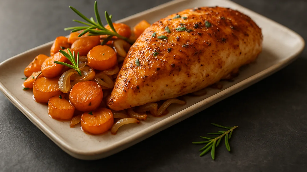 Rosmarin-Karotten-Hähnchenbrust-Röstchen aus dem Airfryer mit Hähnchenbrust und Karotten, auf dunklem Schiefer angerichtet.