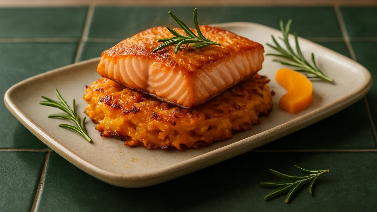 Rosmarin-Kürbis-Lachs-Röstchen aus dem Airfryer mit Lachsfilet und Kürbis, auf dunkelgrünen Fliesen angerichtet.