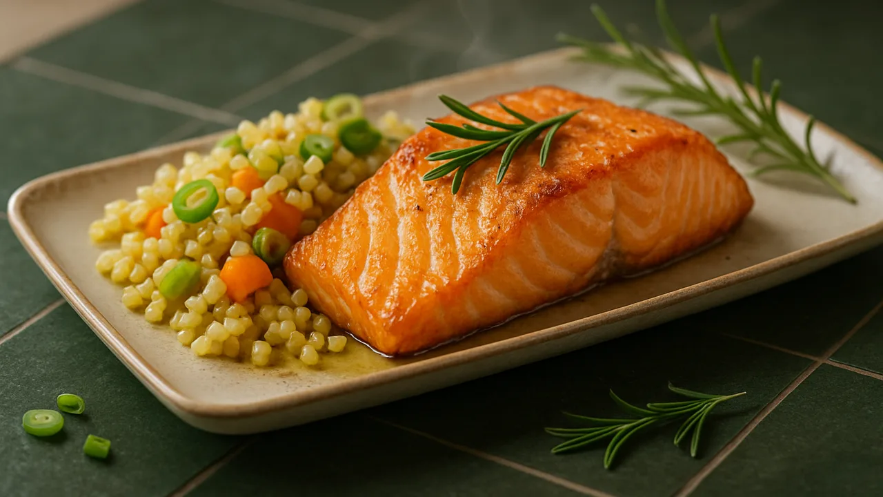 Rosmarin-Lachs Bowl mit Bulgur und Frühlingszwiebel aus dem Airfryer mit Lachsfilet und Bulgur, auf dunkelgrünen Fliesen …