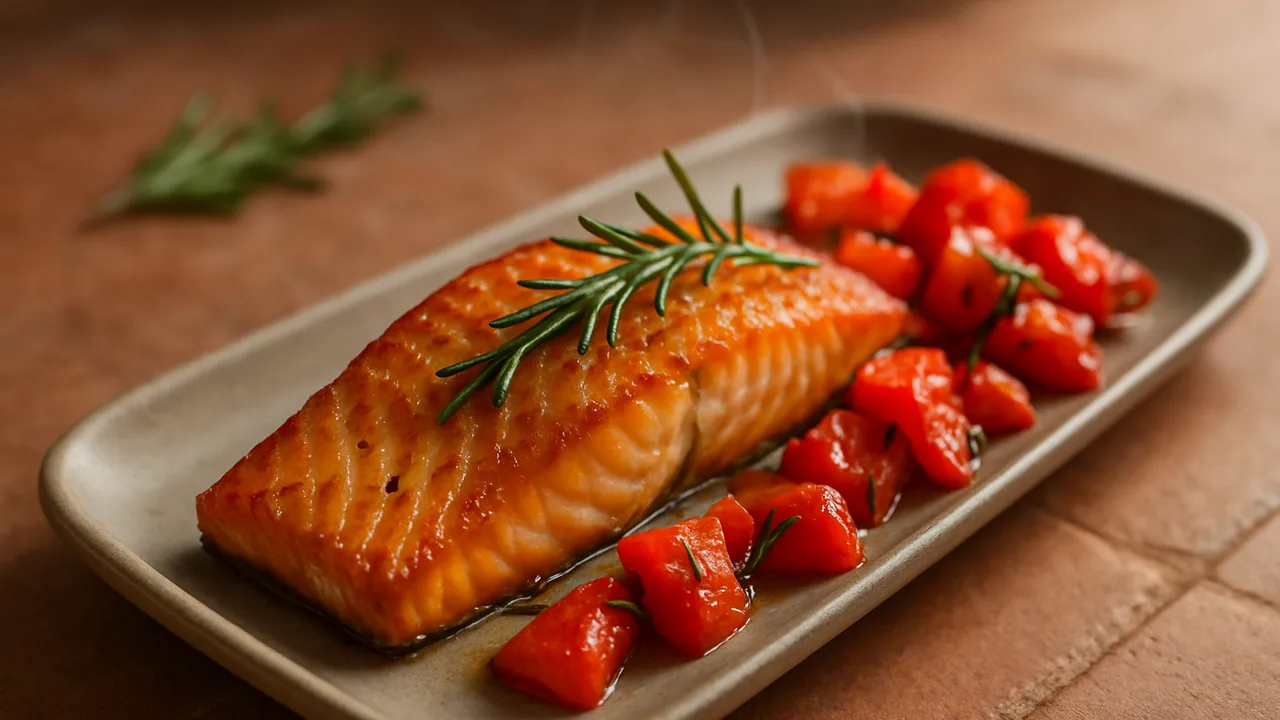 Rosmarin-Lachs mit Paprika aus dem Airfryer mit Lachsfilet und Paprika, auf Terracotta-Fliesen angerichtet.