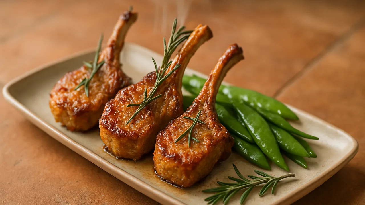 Rosmarin-Lammkotelett mit Zuckerschoten aus dem Airfryer mit Lammkoteletts und Zuckerschoten, auf Terracotta-Fliesen …