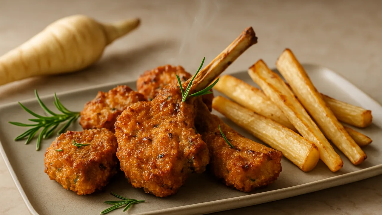 Rosmarin-Lammkotelett Nuggets mit Pastinake aus dem Airfryer mit Lammkotelett und Pastinake, auf beigem Marmor angerichtet.