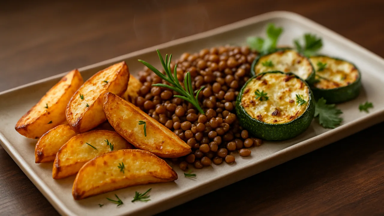 Rosmarin-Linsen Bowl mit Kartoffelspalten und Zucchini aus dem Airfryer mit Kartoffeln und Zucchini, auf dunklem …