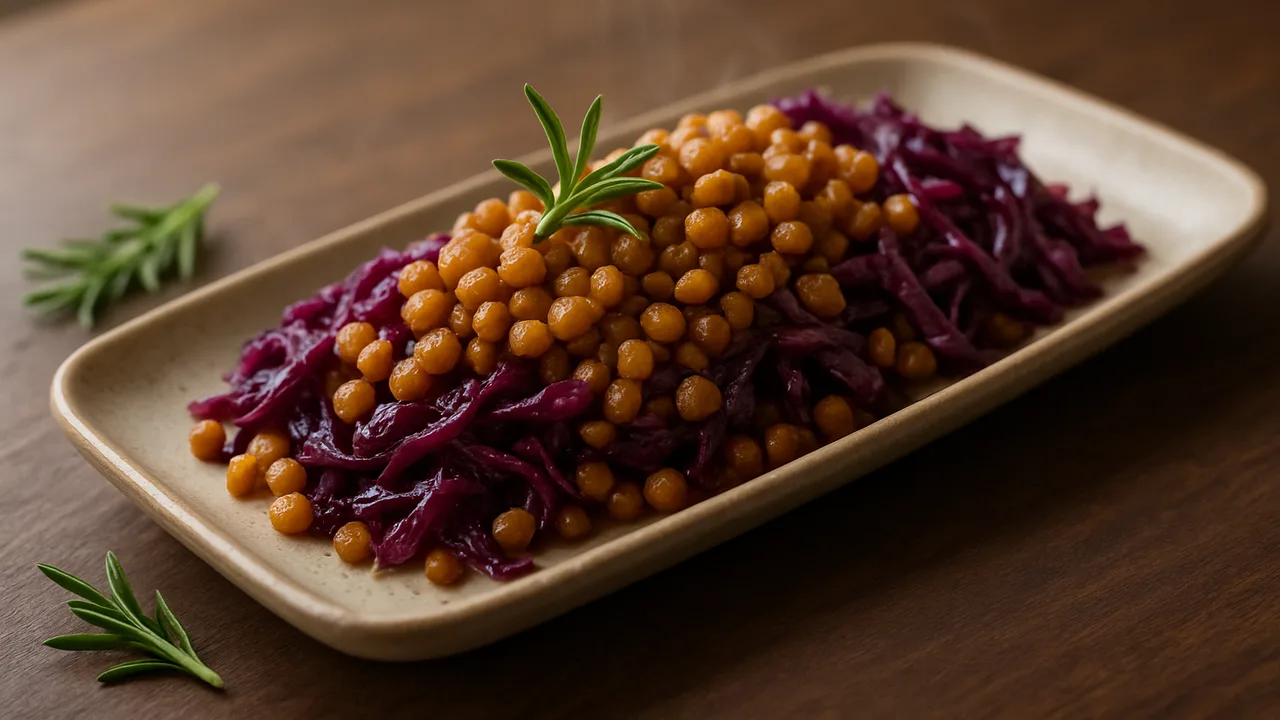 Rosmarin-Linsen mit Rotkohl aus dem Airfryer mit Linsen und Rotkohl, auf dunklem Walnussholz angerichtet.