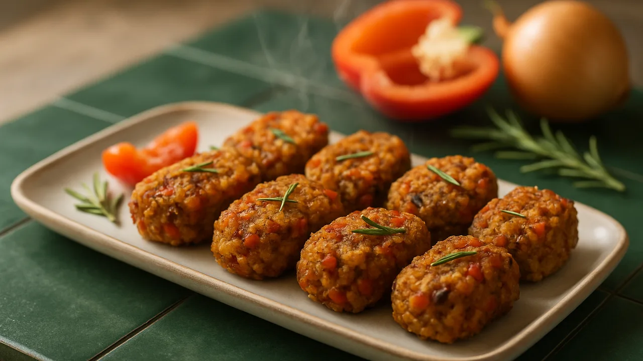 Rosmarin-Linsen-Nuggets mit Paprika aus dem Airfryer mit gekochte Linsen und rote Paprika, auf dunkelgrünen Fliesen …
