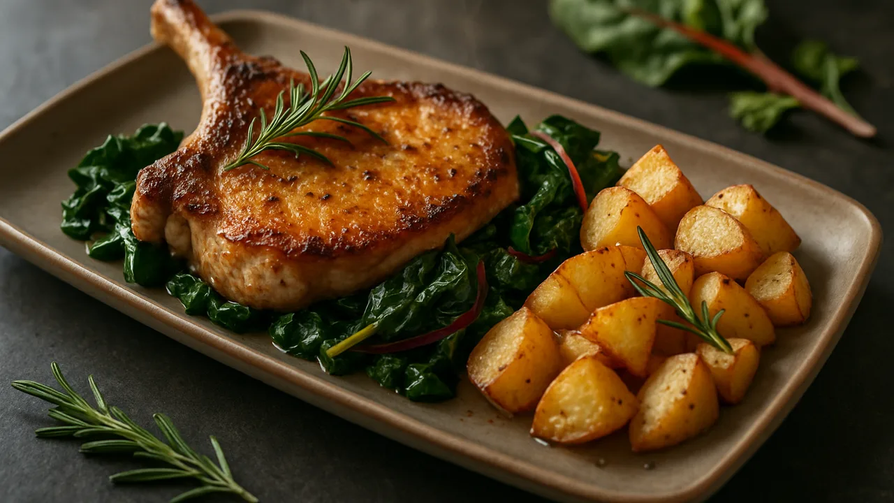 Rosmarin-Mangold-Schweinekotelett-Röstchen aus dem Airfryer mit Schweinekotelett und Mangold, auf dunklem Schiefer …
