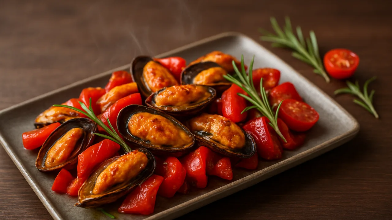 Rosmarin-Miesmuscheln mit Paprika aus dem Airfryer mit Miesmuscheln und Paprika, auf dunklem Walnussholz angerichtet.