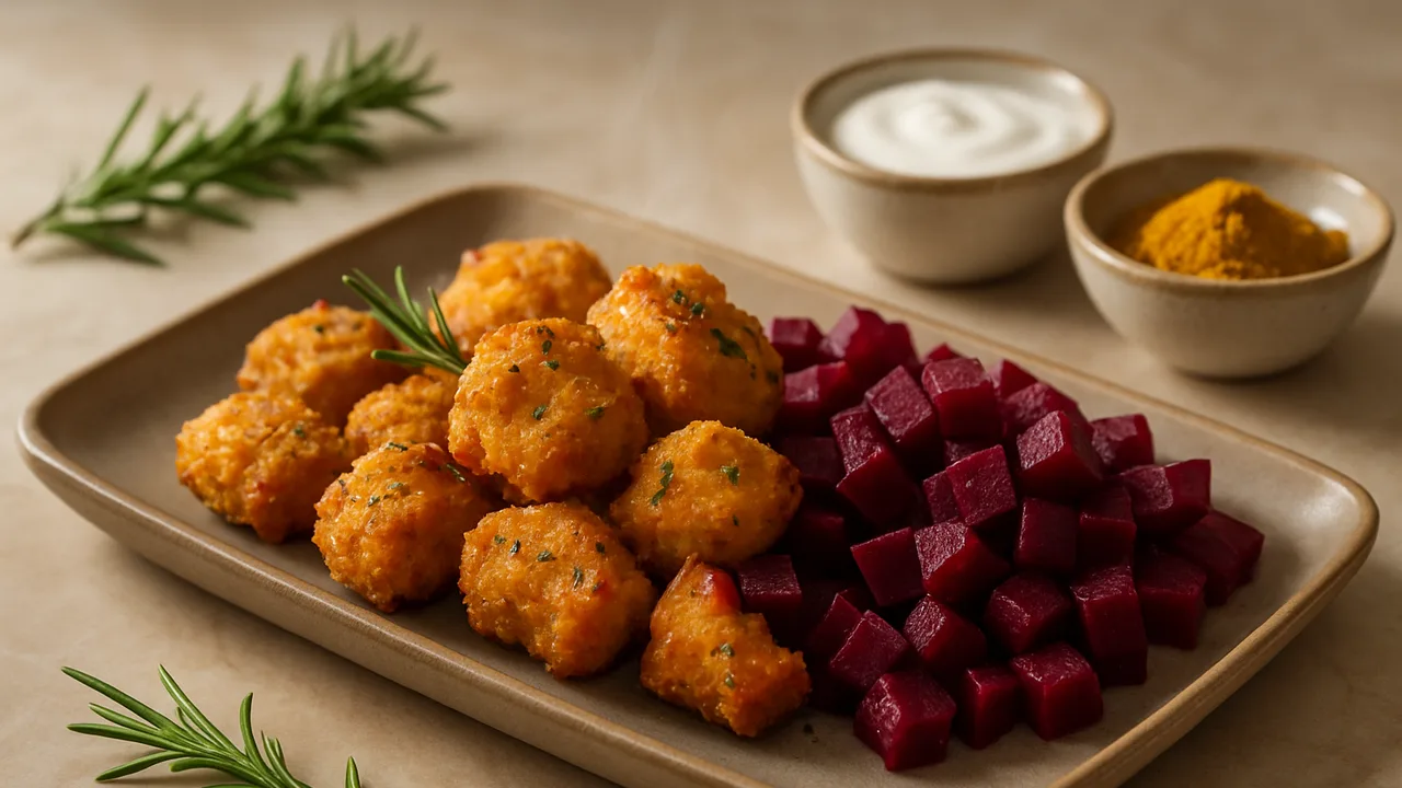 Rosmarin-Putenbrust Nuggets mit Rote Bete aus dem Airfryer mit Putenbrust und Naturjoghurt, auf beigem Marmor angerichtet.
