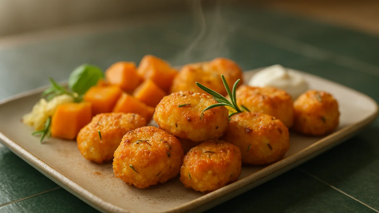 Rosmarin-Räucherlachs Nuggets mit Kürbis aus dem Airfryer mit Räucherlachs und Quark, auf dunkelgrünen Fliesen angerichtet.
