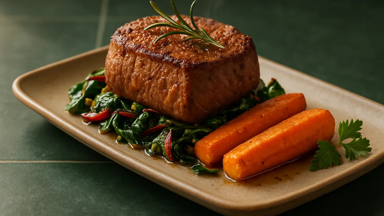 Rosmarin-Rinderfilet-Mangold-Schale aus dem Airfryer mit Rinderfilet und Mangold, auf dunkelgrünen Fliesen angerichtet.