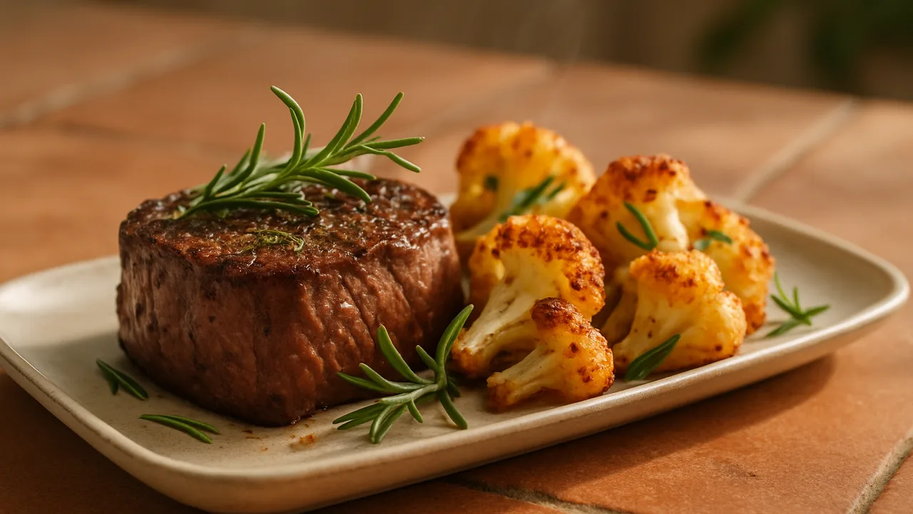 Rosmarin-Rinderfilet mit Blumenkohl aus dem Airfryer mit Rinderfilet und Blumenkohl, auf Terracotta-Fliesen angerichtet.