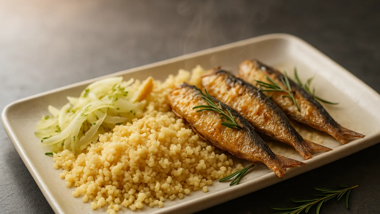 Rosmarin-Sardinen Bowl mit Couscous und Fenchel aus dem Airfryer mit Sardinen und Couscous, auf dunklem Schiefer angerichtet.