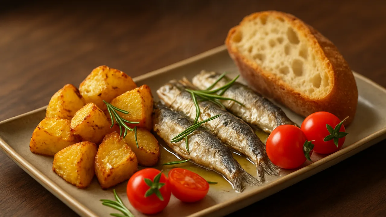 Rosmarin-Sardinen Bowl mit Baguette und Kartoffel aus dem Airfryer mit Kartoffeln und Sardinen in Olivenöl, auf dunklem …