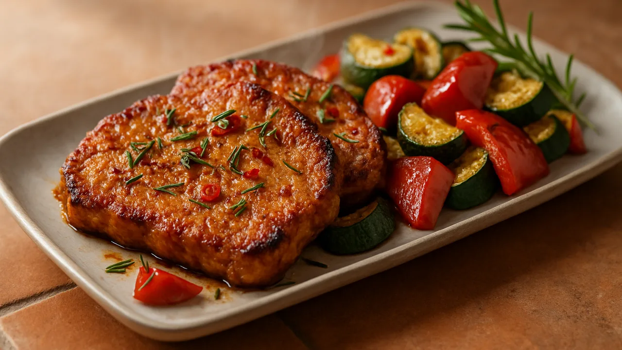 Rosmarin-Schinken mit Chili aus dem Airfryer mit Schinkensteaks und Zucchini, auf Terracotta-Fliesen angerichtet.