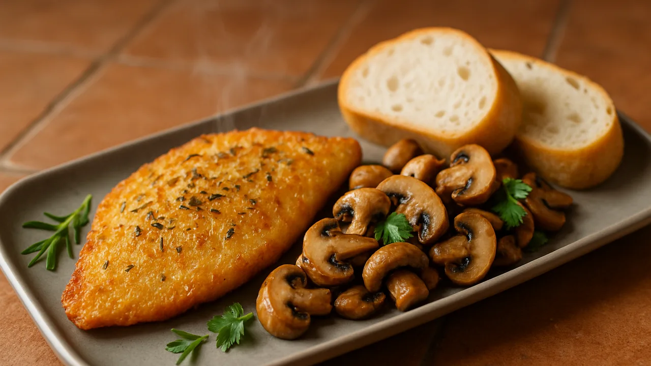 Rosmarin-Scholle Bowl mit Baguette und Champignons aus dem Airfryer mit Schollenfilet und Champignons, auf …