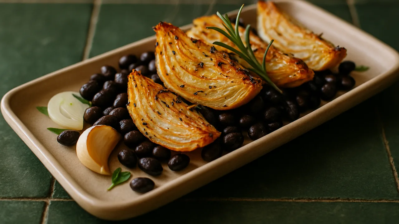 Rosmarin-Schwarze Bohnen-Fenchel-Schale aus dem Airfryer mit Fenchel und Zwiebel, auf dunkelgrünen Fliesen angerichtet.