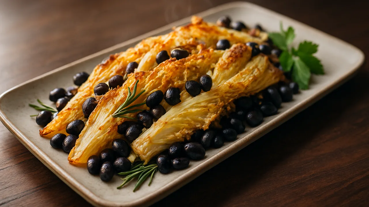 Rosmarin-Schwarze Bohnen mit Chinakohl aus dem Airfryer mit Schwarze Bohnen und Chinakohl, auf dunklem Walnussholz …