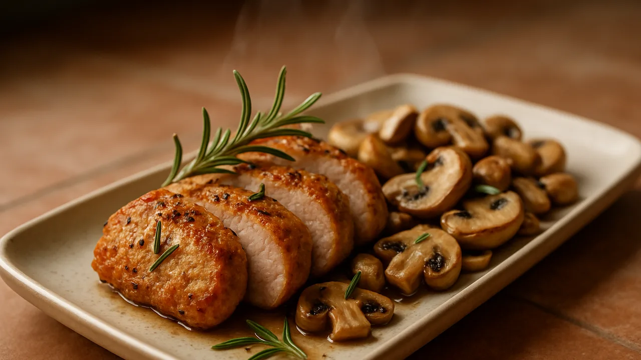 Rosmarin-Schweinefilet mit Champignons aus dem Airfryer mit Schweinefilet und Champignons, auf Terracotta-Fliesen …