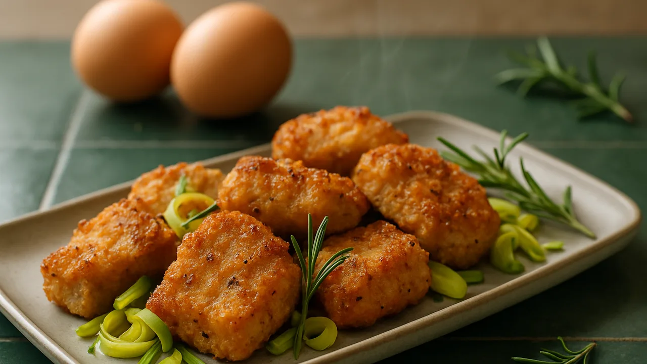 Rosmarin-Schweinekotelett Nuggets mit Lauch aus dem Airfryer mit Schweinekotelett und Eier, auf dunkelgrünen Fliesen …