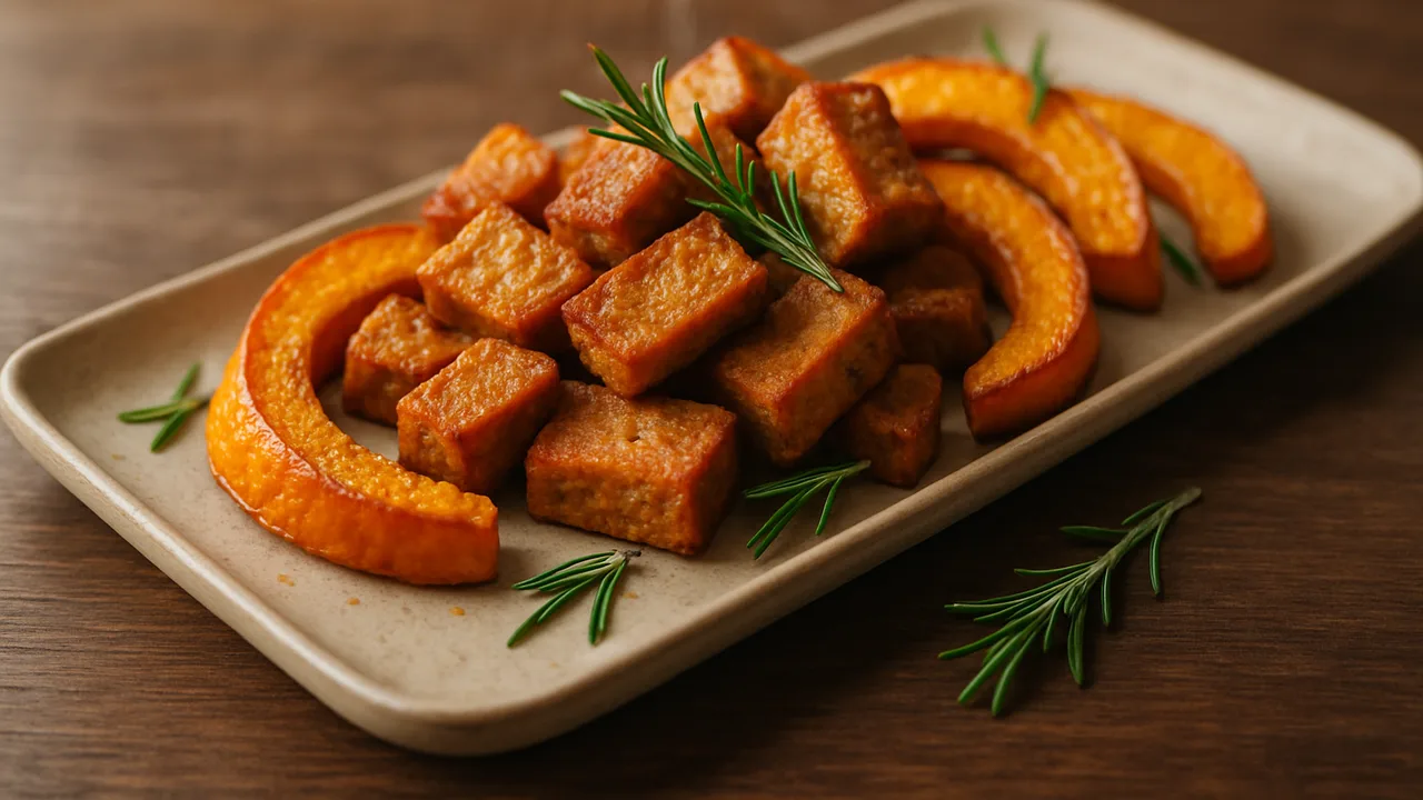 Rosmarin-Seitan mit Kürbis aus dem Airfryer mit Seitan und Hokkaido-Kürbis, auf dunklem Walnussholz angerichtet.