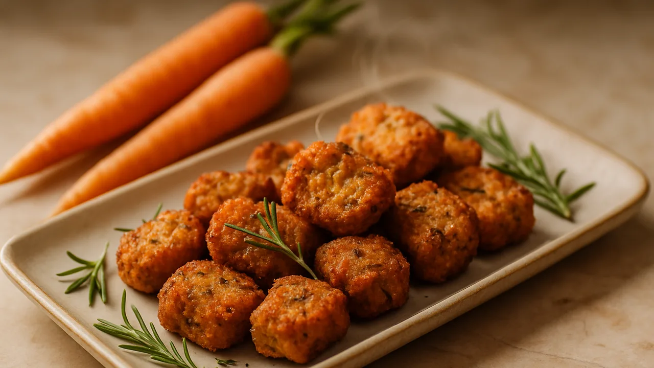 Rosmarin-Seitan Nuggets mit Karotte aus dem Airfryer mit Seitan und Karotten, auf beigem Marmor angerichtet.