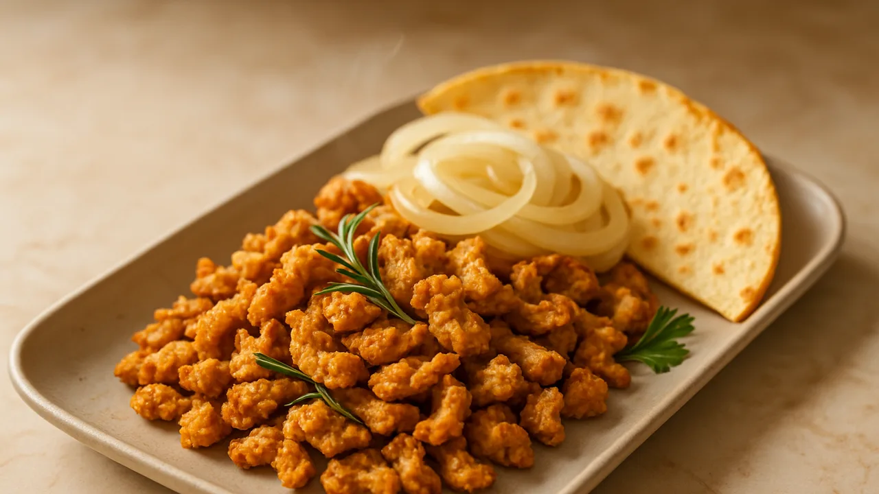 Rosmarin-Sojaschnetzel Bowl mit Tortilla und Zwiebel aus dem Airfryer mit Sojaschnetzel (trocken) und Gemüsebrühe, auf …