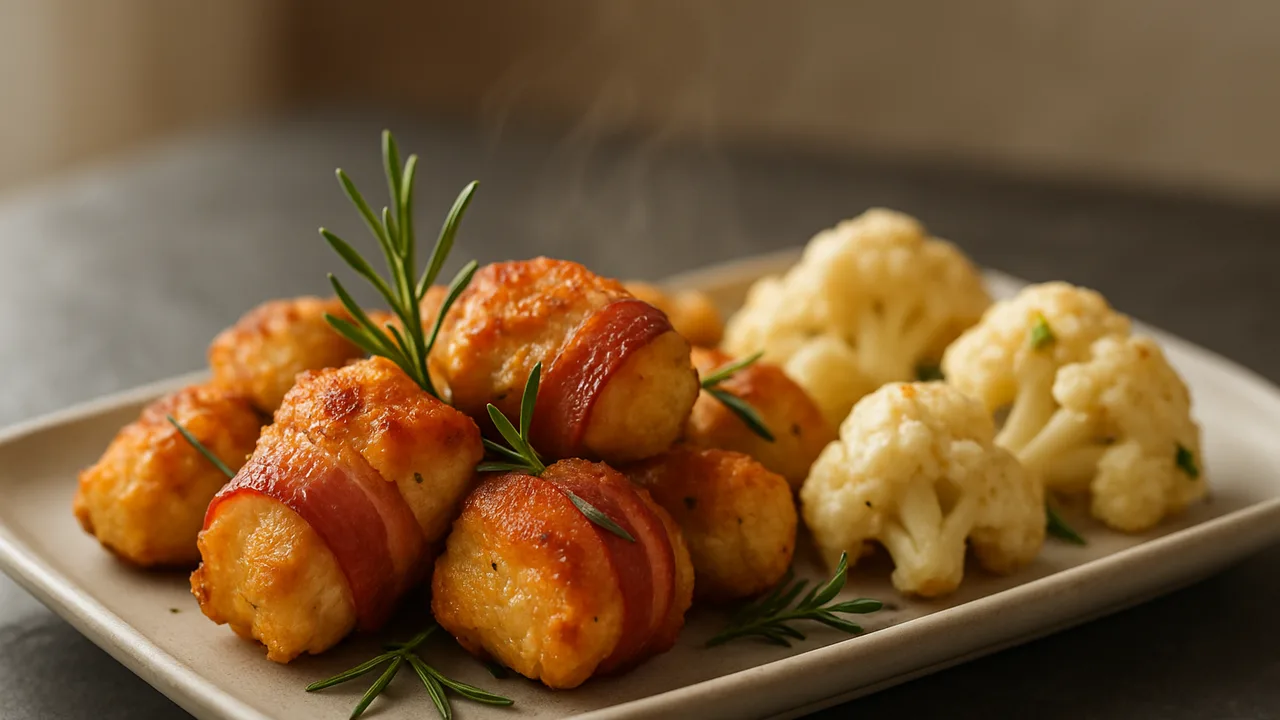 Rosmarin-Speck Nuggets mit Blumenkohl aus dem Airfryer mit Hähnchenbrust und Speckscheiben, auf dunklem Schiefer angerichtet.