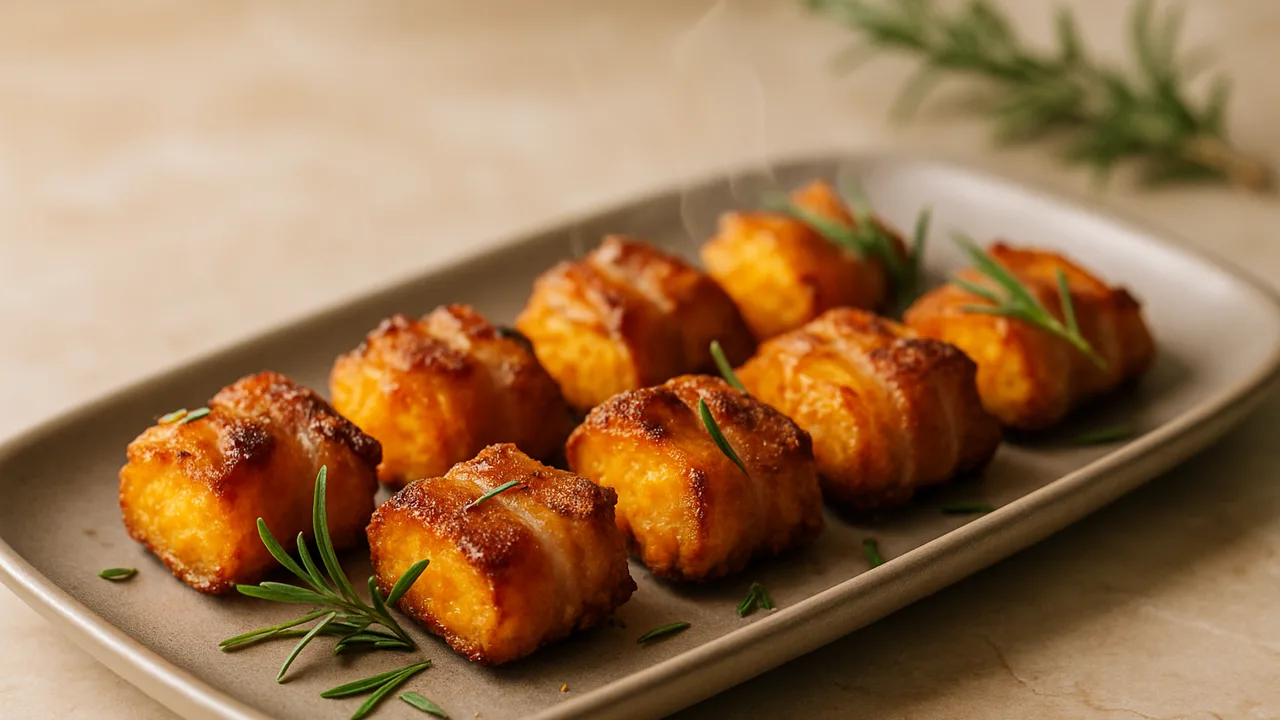 Rosmarin-Speck Nuggets mit Kürbis aus dem Airfryer mit Speck und Kürbis, auf beigem Marmor angerichtet.