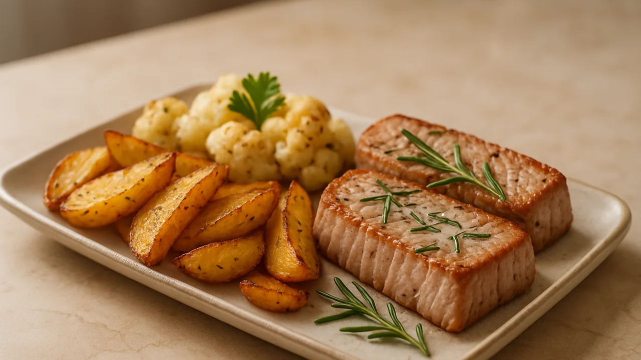 Rosmarin-Thunfisch Bowl mit Kartoffelspalten und Blumenkohl aus dem Airfryer mit Thunfischsteaks und Kartoffeln, auf beigem …