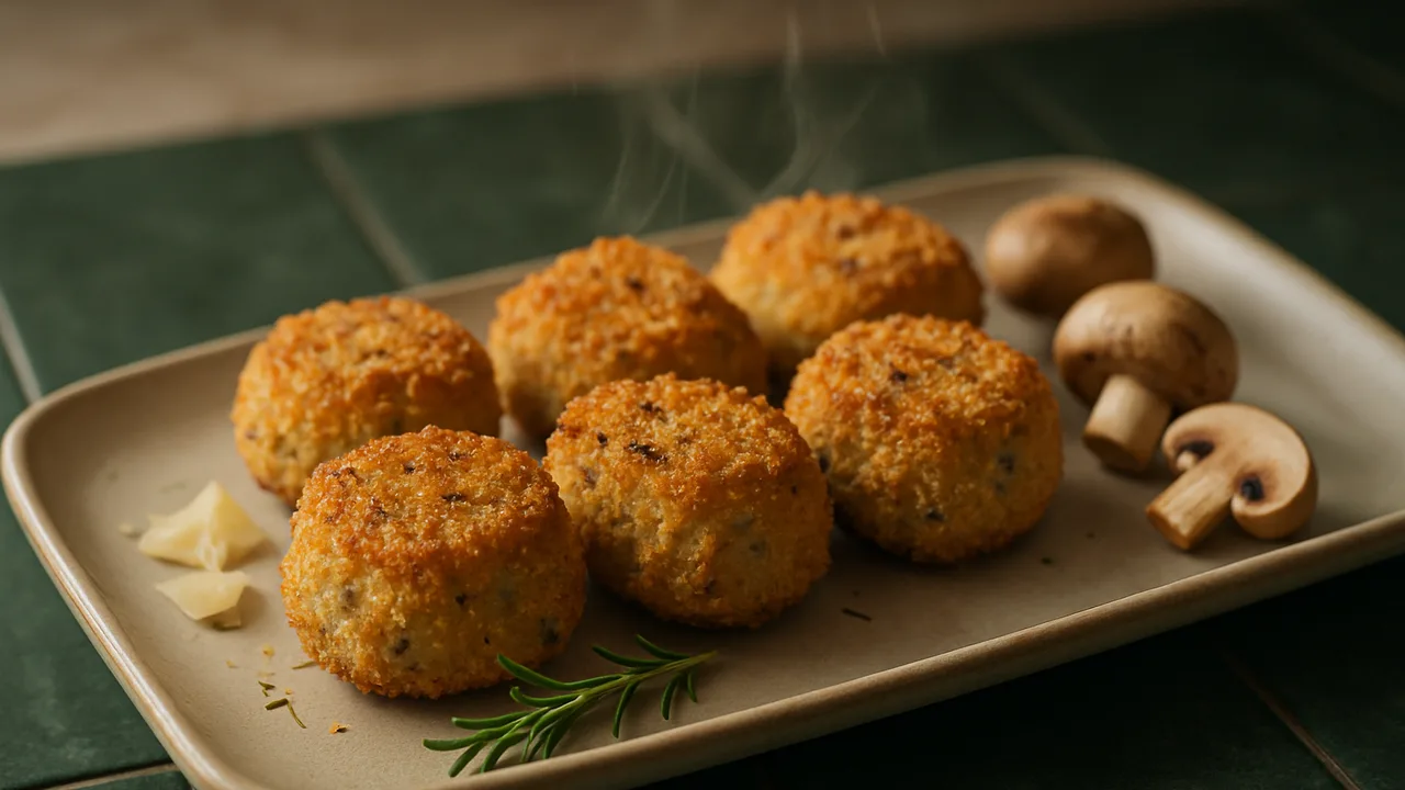 Rosmarin-Thunfisch Nuggets mit Champignons aus dem Airfryer mit Thunfisch und Eier, auf dunkelgrünen Fliesen angerichtet.