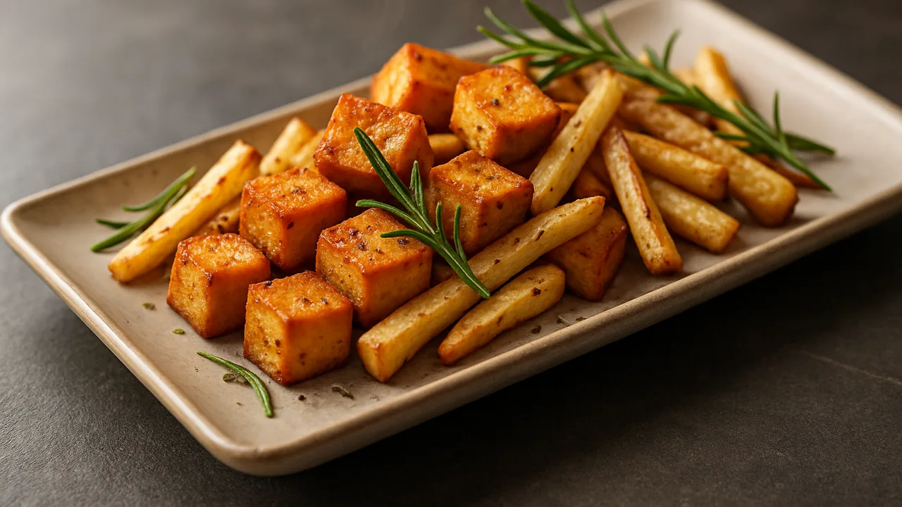 Rosmarin-Tofu-Pastinake-Schale aus dem Airfryer mit Tofu und Pastinaken, auf dunklem Schiefer angerichtet.
