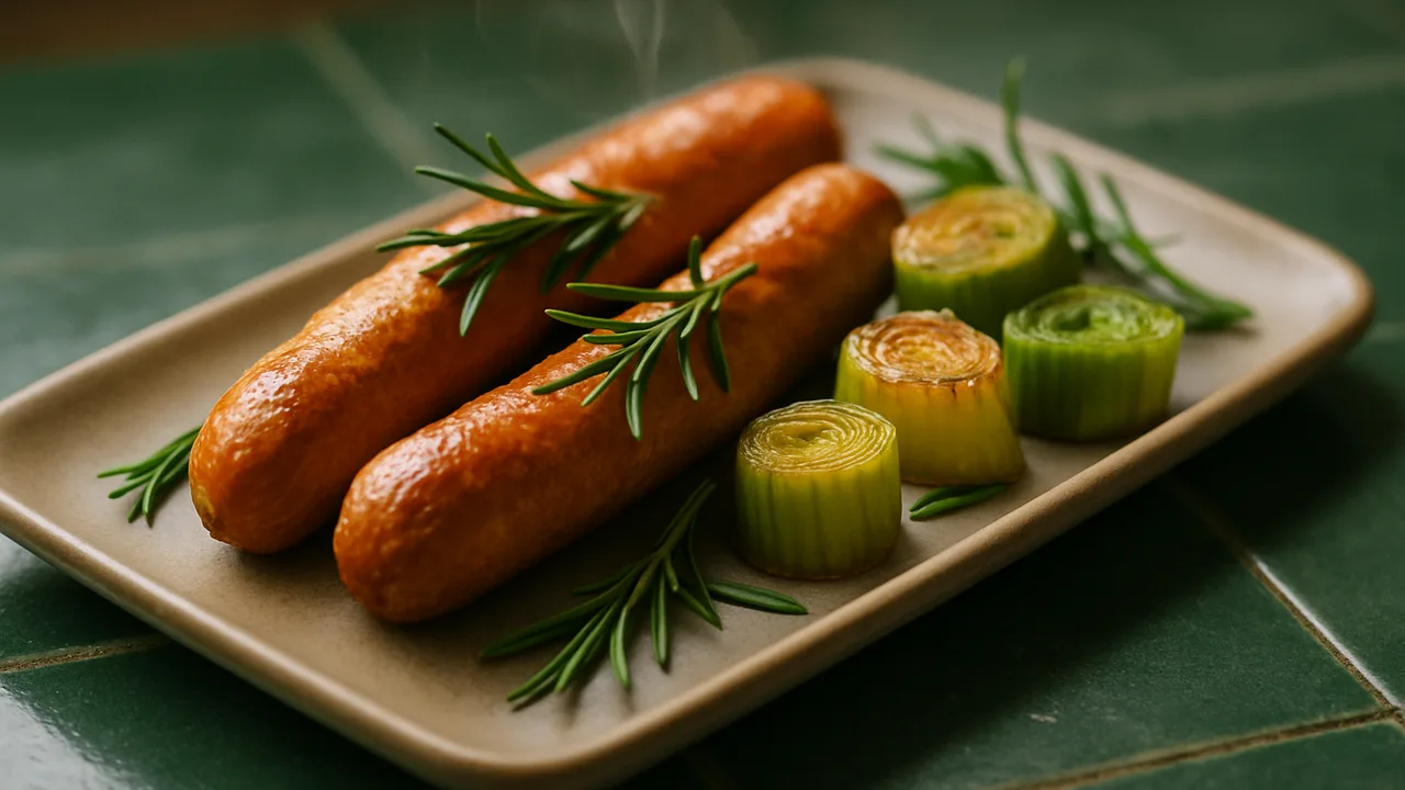 Rosmarin-Wiener Würstchen mit Lauch aus dem Airfryer mit Wiener Würstchen und Lauch, auf dunkelgrünen Fliesen angerichtet.