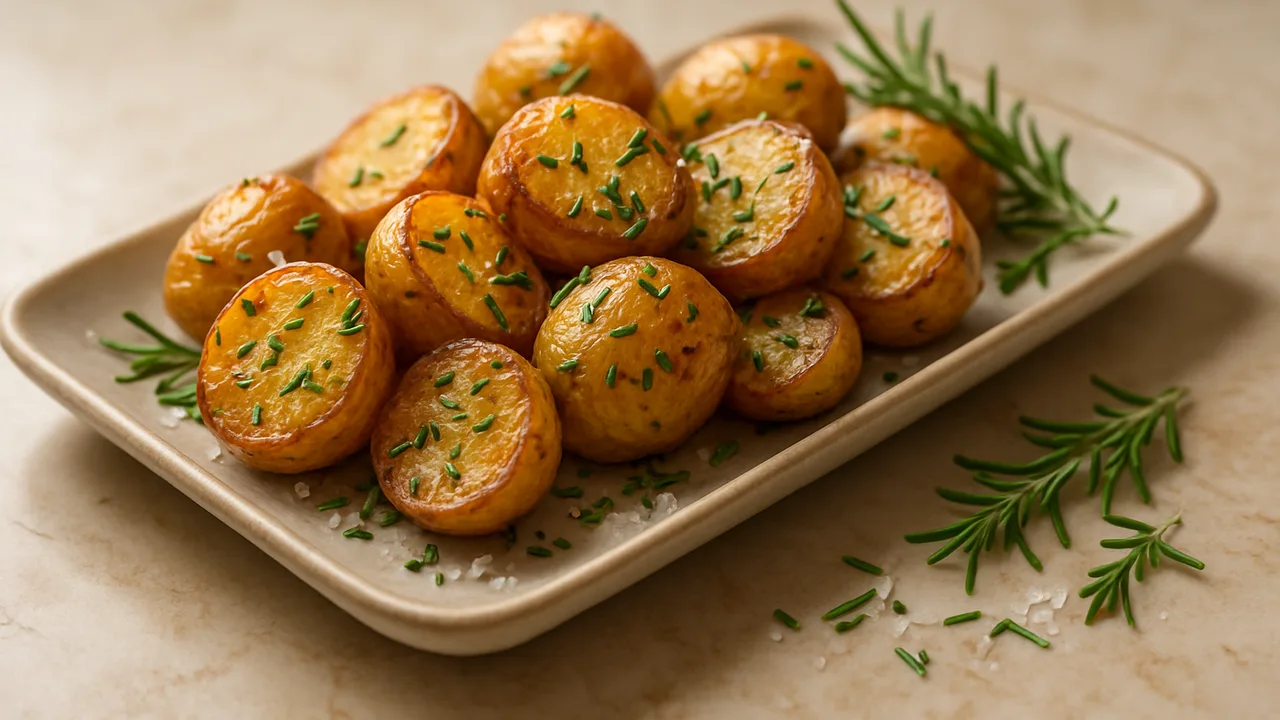 Rosmarinkartoffeln mit Meersalz aus dem Airfryer mit Kartoffeln und Rosmarin, frisch gehackt, auf beigem Marmor angerichtet.