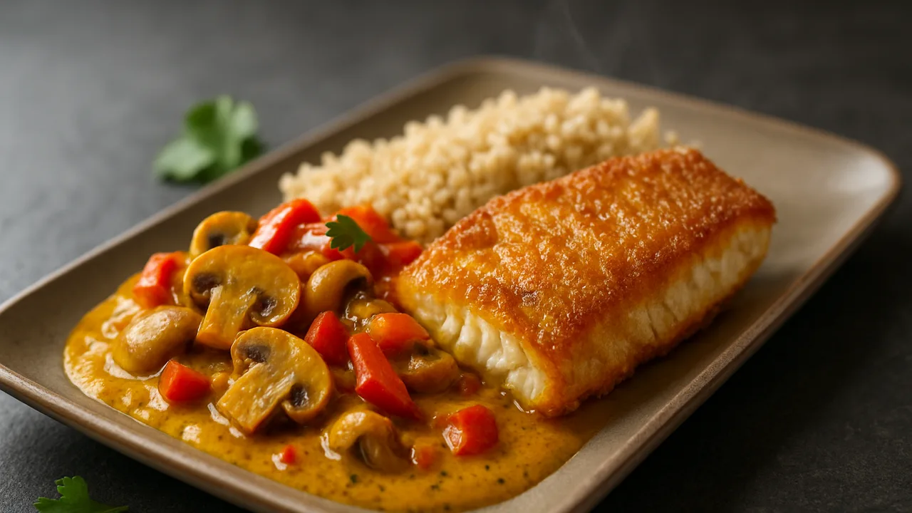 Rotbarsch Curry mit Champignons und Quinoa aus dem Airfryer mit Rotbarschfilet und Champignons, auf dunklem Schiefer …
