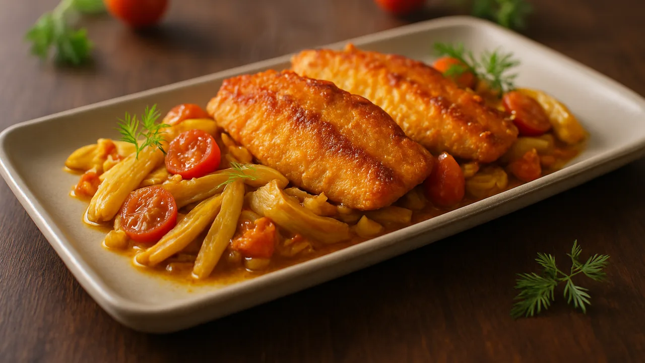 Rotbarsch-Fenchel-Pfanne indisch aus dem Airfryer mit Rotbarschfilets und Fenchel, auf dunklem Walnussholz angerichtet.