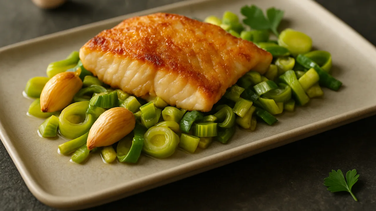 Rotbarsch-Lauch-Pfanne aus dem Airfryer mit Rotbarschfilet und Lauch, auf dunklem Schiefer angerichtet.