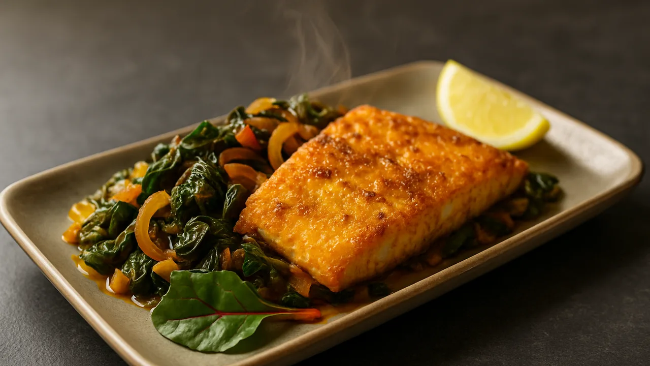 Rotbarsch-Mangold-Pfanne indisch aus dem Airfryer mit Rotbarschfilet und Mangold, auf dunklem Schiefer angerichtet.