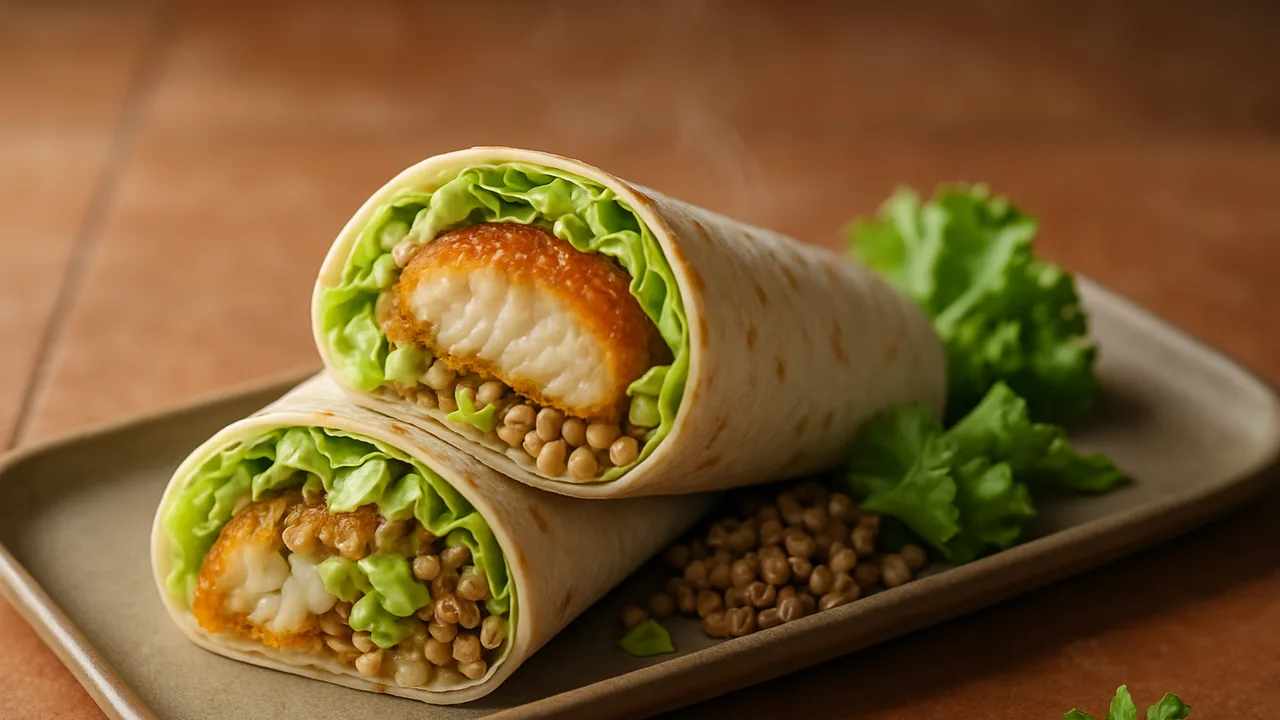Rotbarsch Wrap mit Eisbergsalat und Buchweizen aus dem Airfryer mit Rotbarschfilet und Buchweizen, auf Terracotta-Fliesen …