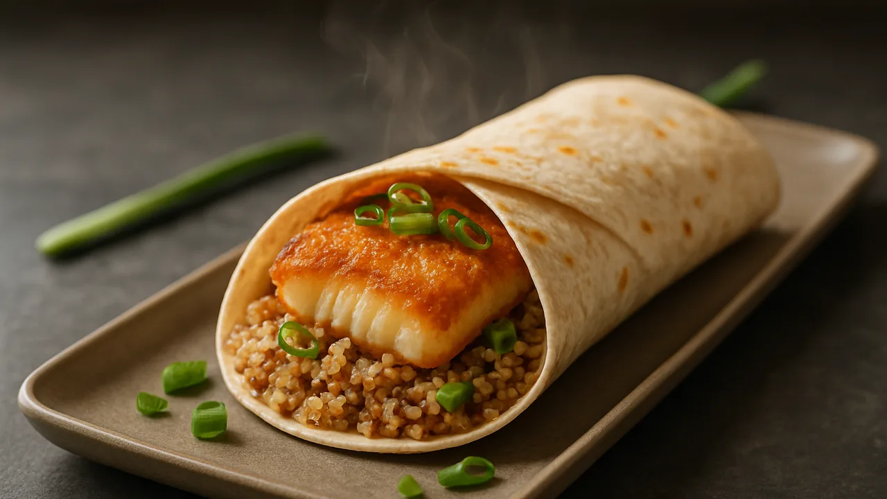 Rotbarsch Wrap mit Frühlingszwiebel und Quinoa aus dem Airfryer mit Rotbarschfilet und Quinoa, auf dunklem Schiefer …