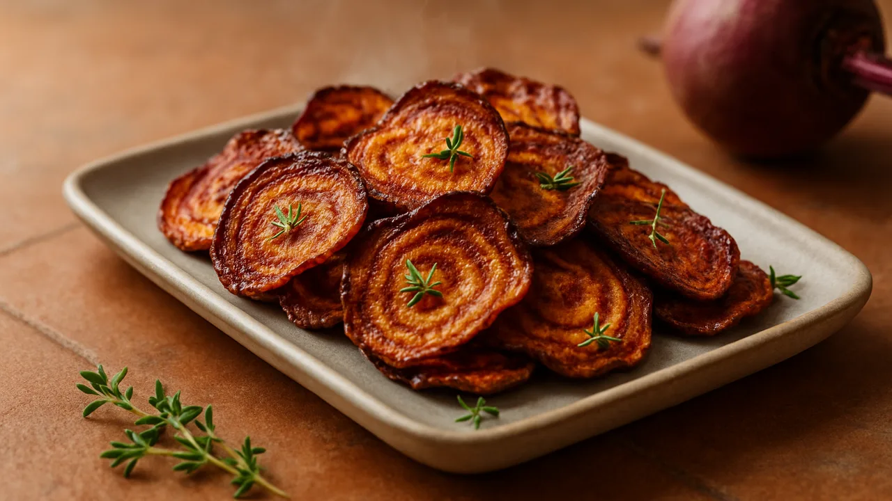 Rote-Bete-Chips mit Thymian aus dem Airfryer mit Rote Bete und Thymian, auf Terracotta-Fliesen angerichtet.