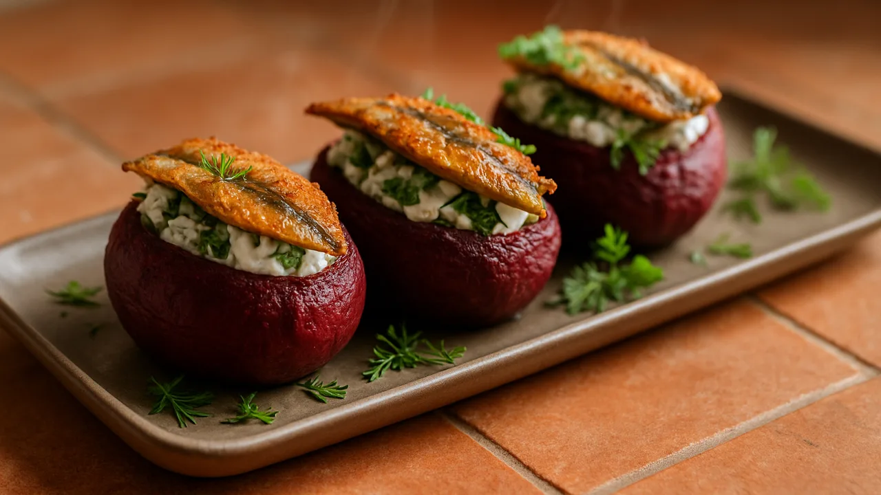 Rote Bete gefüllt mit Makrele und Kräutern aus dem Airfryer mit Rote Bete und Makrelenfilets, auf Terracotta-Fliesen …