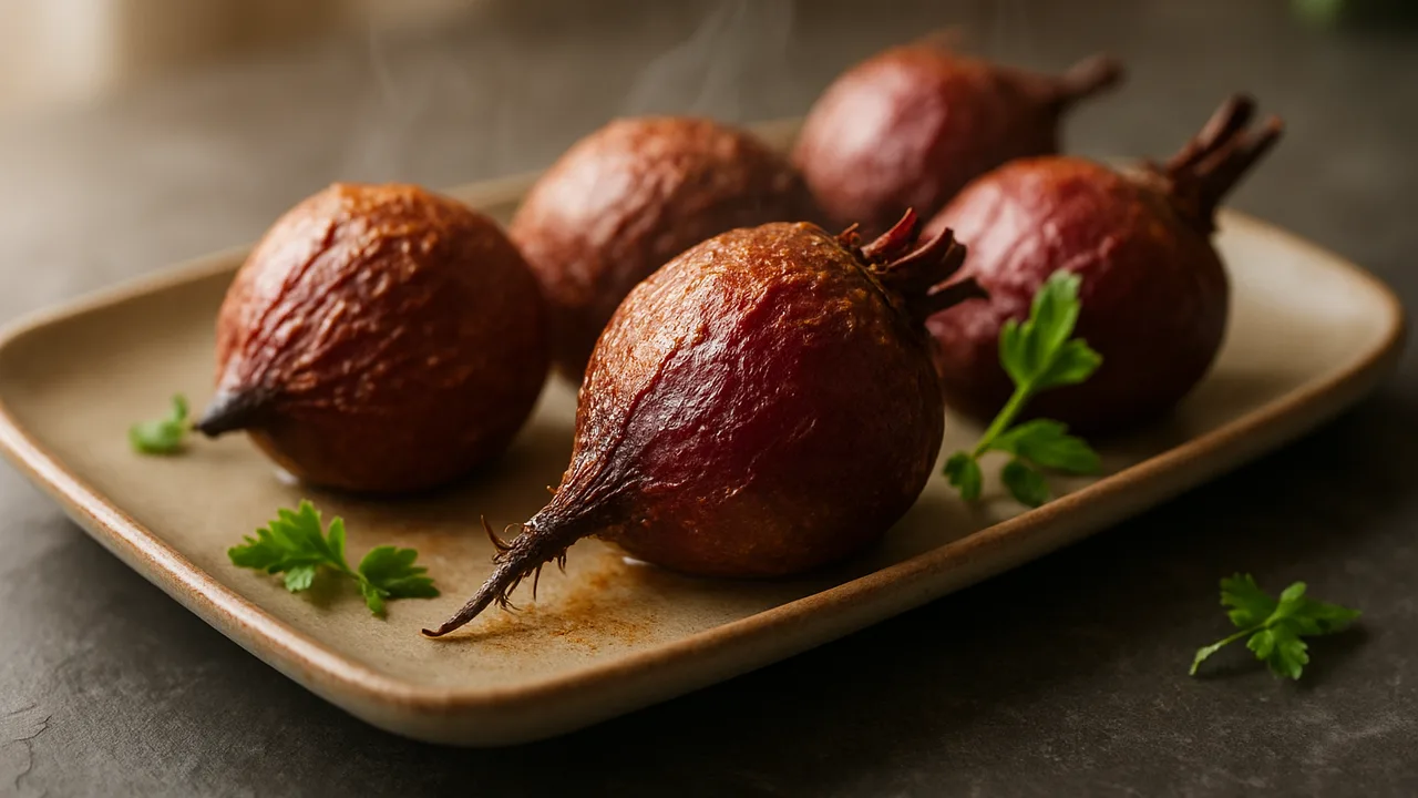 Rote Bete im Airfryer – ganz gegart mit Rote Bete, auf dunklem Schiefer angerichtet.